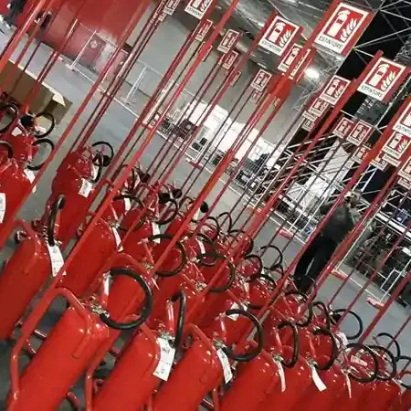 Estintori carrellati e segnaletica preparati per un intervento MVR Antincendio